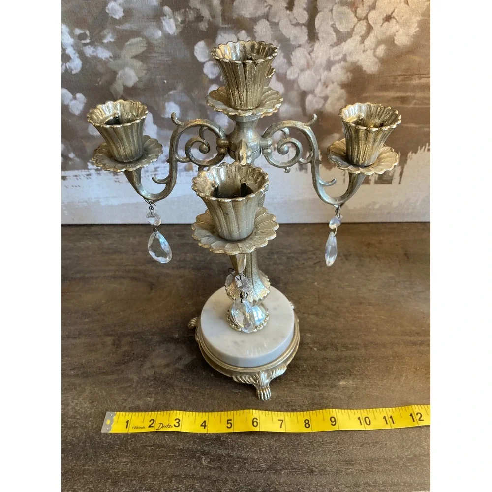 Vintage Ornate 5 Light Candelabra White Marble Base Crystal Prism Champagne Gold